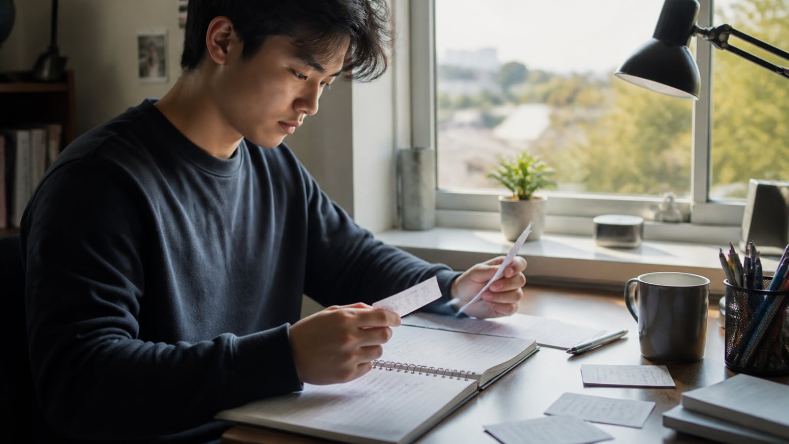 Student herhaalt leerstof de volgende ochtend bij het raam