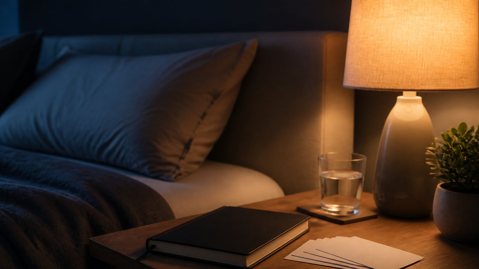 Rustige avondstudie met notitieboek en leerkaarten naast een bedlamp