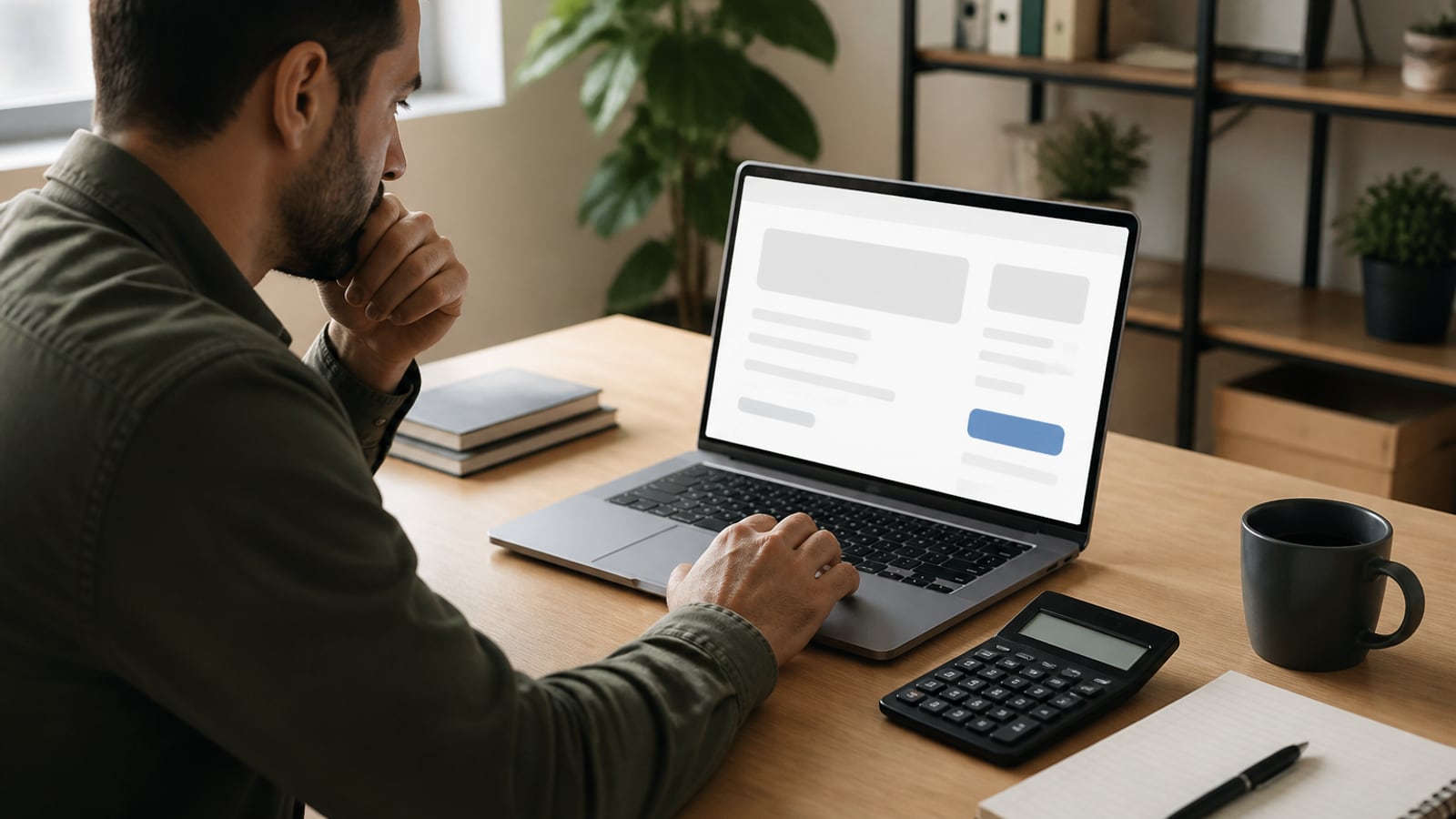 Consument controleert cursusgegevens en kosten aan een laptop