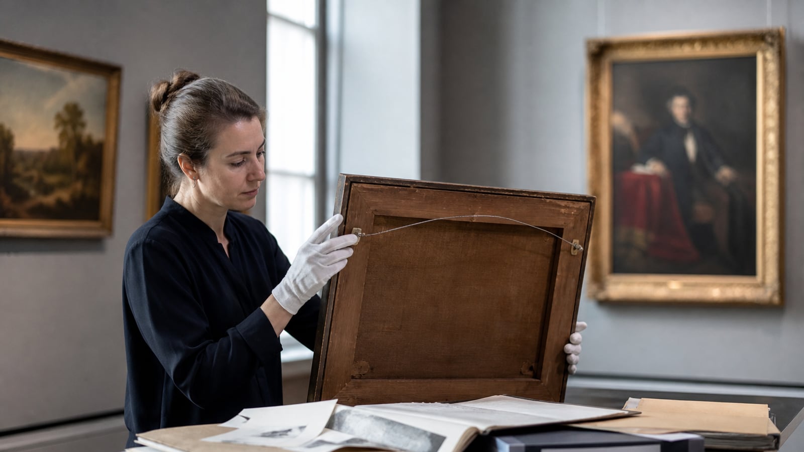 Curator onderzoekt de herkomst van een schilderij en archiefmappen