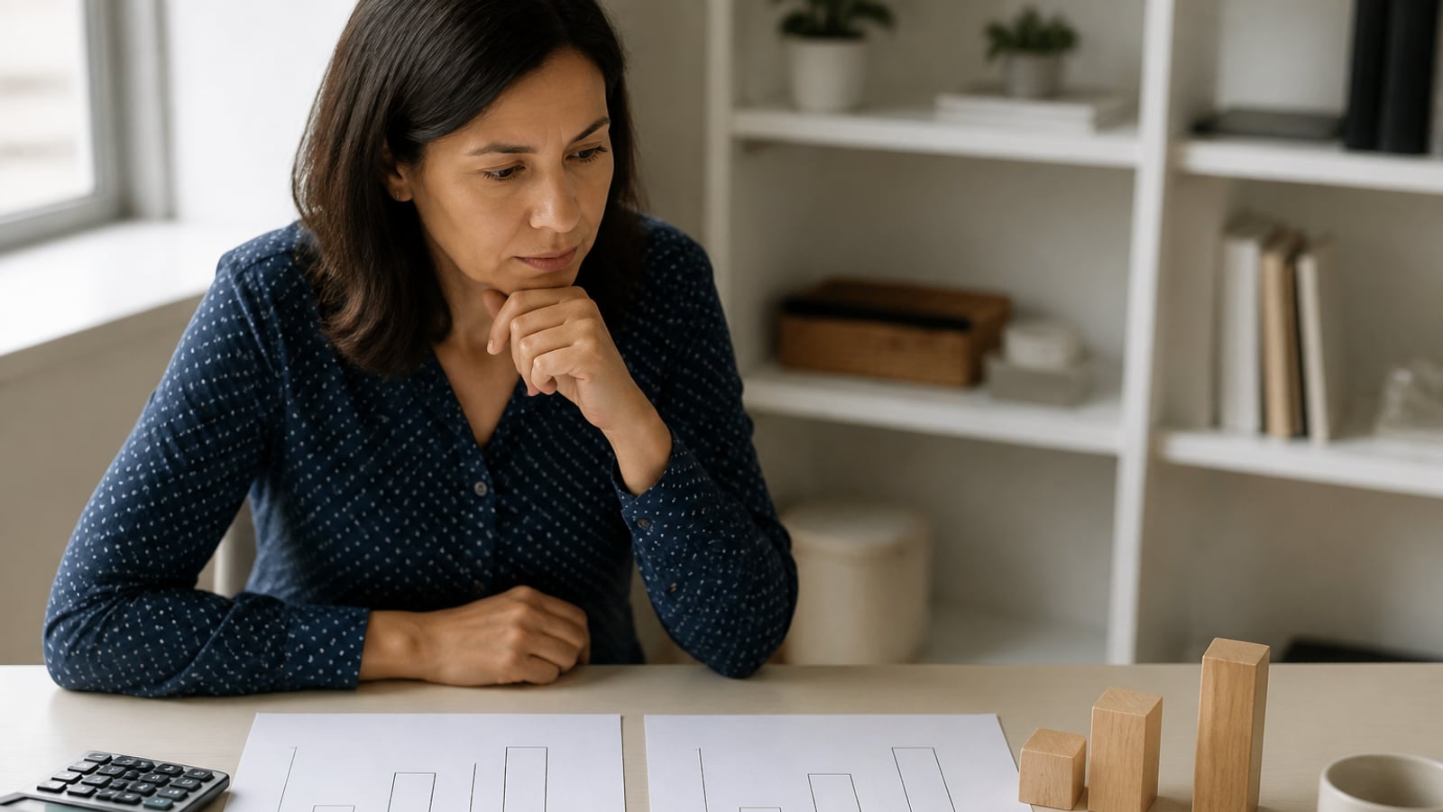 Persoon vergelijkt eenvoudige risicovisualisaties aan een helder bureau